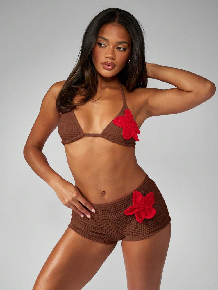 MISSGUIDED Crochet Knit Halter Bikini Matching Two Piece Swimsuit Floral Applique Beach Summer Vacation Resort Beachwear Pool Party