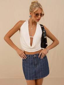 SHEIN Forever 21 Summer New Low Waisted Striped Retro Denim Mini Skirt For Women - Dark Wash - View 4