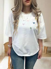 SHEIN CURVE+ Plus Size Women Summer Round Neck Short Sleeve Casual T-Shirt With Heart Embroidery Design - White - View 3