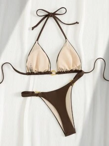 Swim SXY 女士夏季海滩音乐节性感棕色金属面料金属配饰度假风比基尼套装 - 巧克力棕 - 查看 2