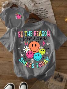 Kaos Wanita Ukuran Besar Musim Panas Kasual dengan Slogan Cetak, Leher Bulat - Dark Grey - View 1