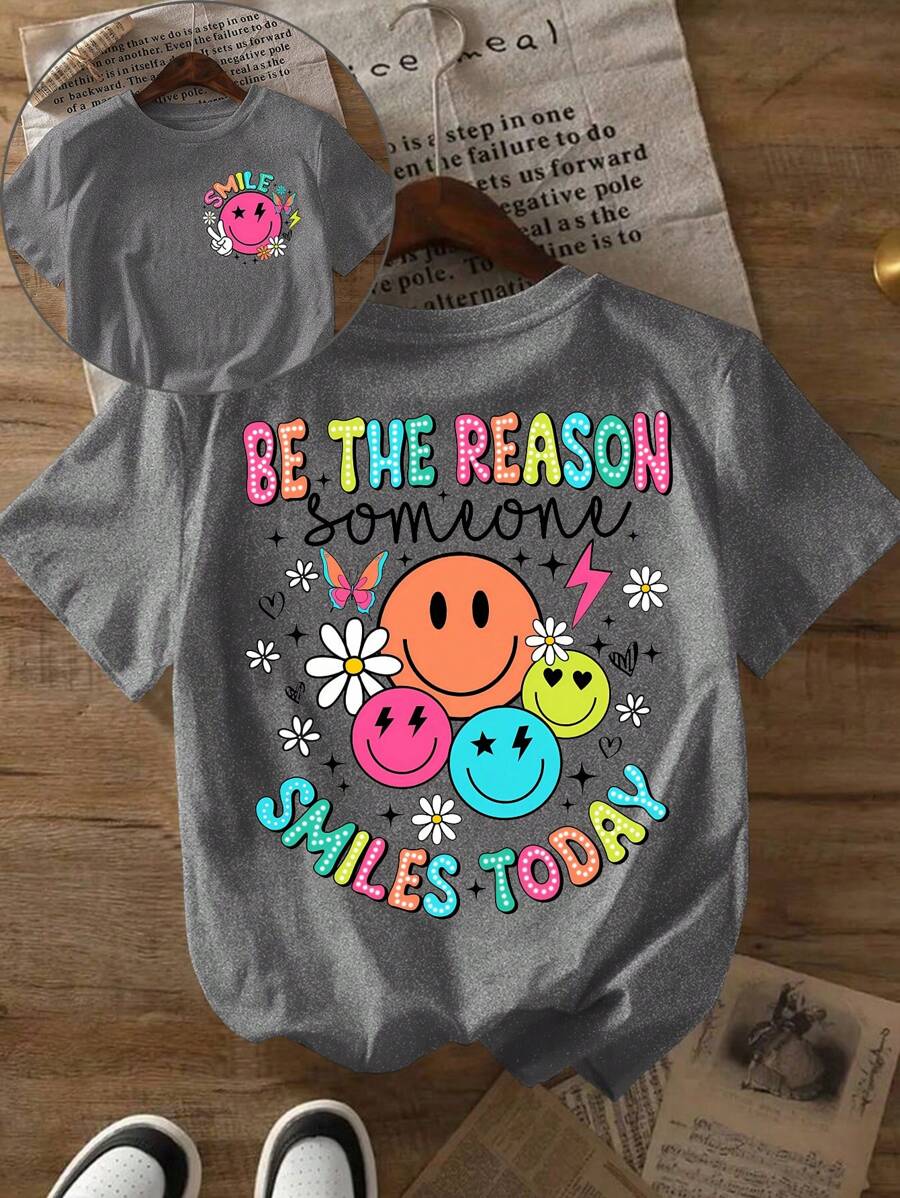 Kaos Wanita Ukuran Besar Musim Panas Kasual dengan Slogan Cetak, Leher Bulat - Dark Grey - View 1