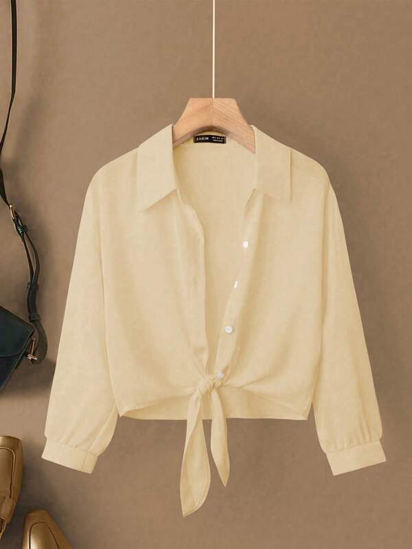 Franclia Elegant French Style Woven Turndown Collar Long Sleeve Tie-Front Cardigan Women's Blouse, New For Summer