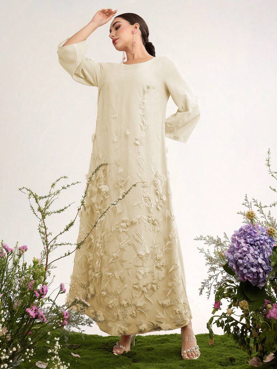 Al Najma Premium Customized 3D Embroidered Romantic Elegant Luxury Dress For Women - Yellow - View 1