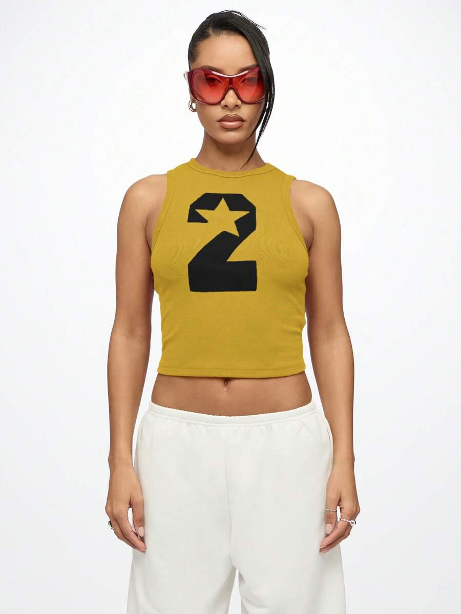 SUMWON WOMEN Áo tank top crop thể thao không tay Star Team, áo tank top số hai, phong cách đường phố Y2K, lễ hội, câu lạc bộ đua xe, tiệc tùng, thẩm mỹ. - Màu vàng - Xem 1