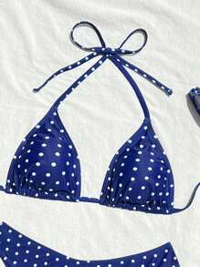 Swim Mod 2026 Spring/Summer Women's Spaghetti Strap Halter Navy Blue Base White Polka Dot Random Print Sweet Cute Side High Cut Bikini Swimsuit 2-Piece Set - Blue and White - View 6