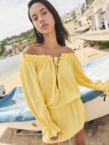 Nöista Butter Yellow Off-Shoulder Romper With Ruffled Sleeves And Tie-Front Detail. Light And Breezy-Perfect For Beach Vacations, 4th Of July Looks, Or Summer Pool Party!