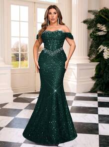 Glamrae 加大码优雅奢华弹力珍珠和亮片褶饰美人鱼裙，适合婚礼、单身派对、度假、舞会、正式活动（重度装饰）