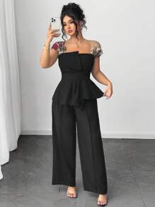 Elenzga Plus Size Women 2pcs Set, Asymmetric Mesh Embroidered Blouse & Wide Leg Pants - Black - View 1