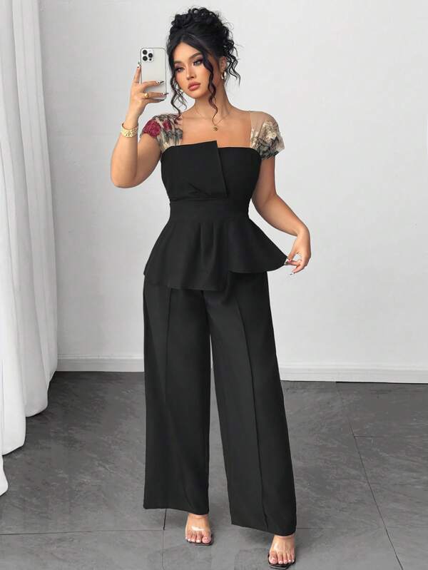 Elenzga Plus Size Women 2pcs Set, Asymmetric Mesh Embroidered Blouse & Wide Leg Pants