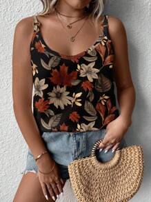 SHEIN LUNE Top de tirantes finos con estampado de textura de hojas, talla grande - Marrón - Ver 1