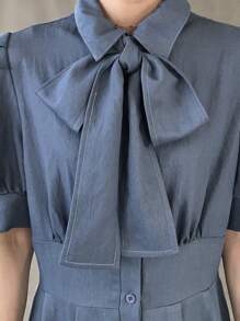FRIFUL Women's Dusty Blue Denim Dress,Autumn Ellegant Dining Pleated Single-Breasted Puff Short Sleeve Solid Color Butterfly Decor Formal Summer Clothes - Blue - View 4