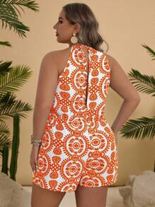 Travachic 大码休闲无袖连体裤，全身印花，简约设计 - 橘色 - 查看 2