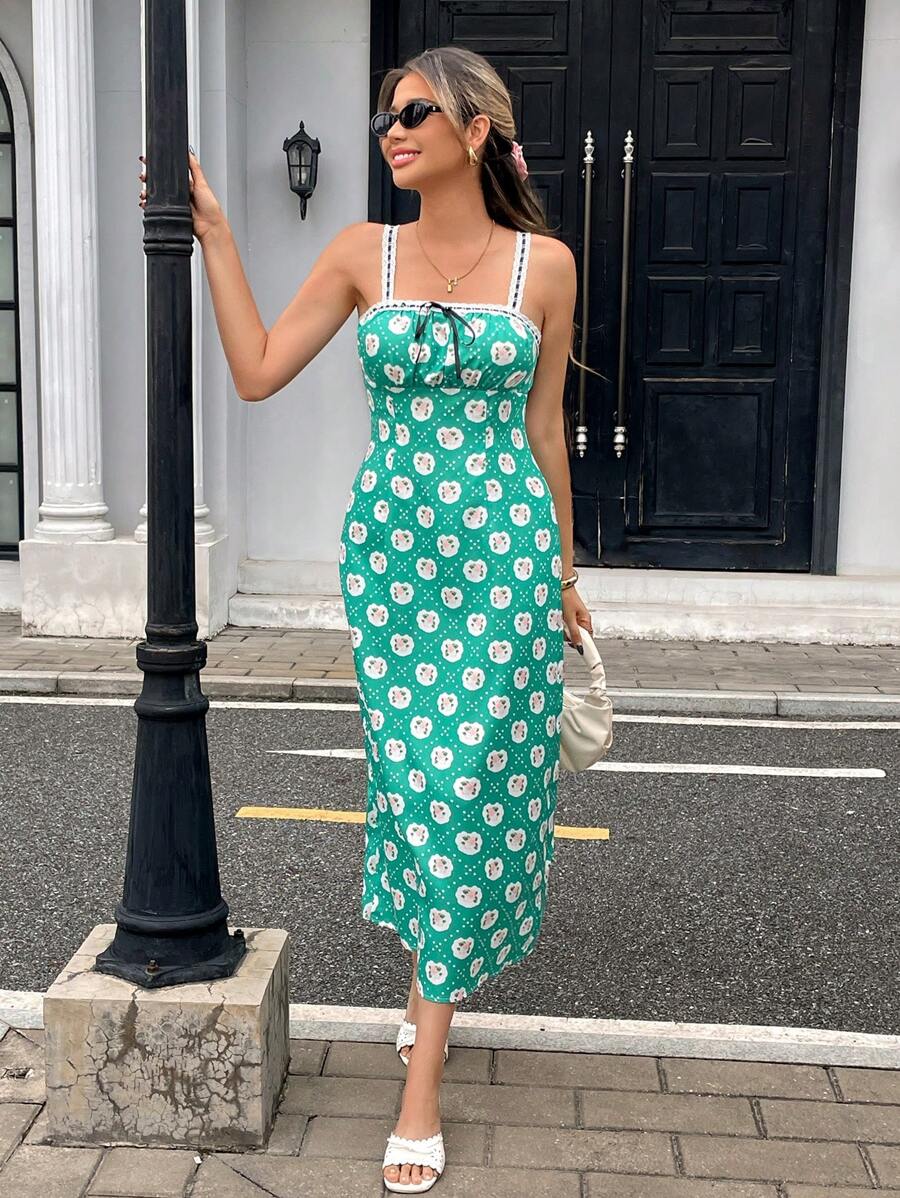 SHEIN Unity 女式花卉蕾丝边吊带连衣裙,夏季 - 綠色 - 查看 1