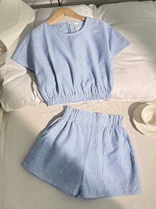 SHEIN Bộ 2 món áo thun tay Dolman cổ tròn kẻ sọc thường ngày cho bé gái tuổi teen và quần short rộng rãi - Màu xanh lam - Xem 8