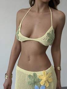 Aloruh 2pcs Women Sexy 3D Floral Halter Knitted Sweater Top And Knitted Skirt Set - Multicolor - View 8