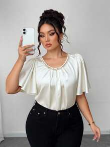 SHEIN LUNE Blusa elegante de talla grande con mangas de volantes, con botones de gota de agua y dobladillo en forma de A, para primavera/verano - Albaricoque - Ver 6