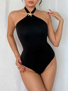 Islaluna Women's Black Halter Neck Sleeveless Bodysuit With Knot Detail And Gold Starfish Accent