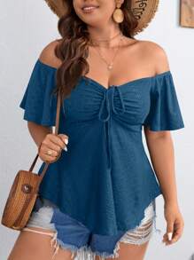 SHEIN VCAY 大码女式露肩荷叶边袖前抽绳 T 恤，纯色休闲/海滩