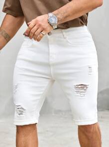 Manfinity Homme Men's Solid Color Ripped Pocket Casual Denim Shorts, Summer Men S Ripped Shorts Distressed Shorts Men - White - View 4