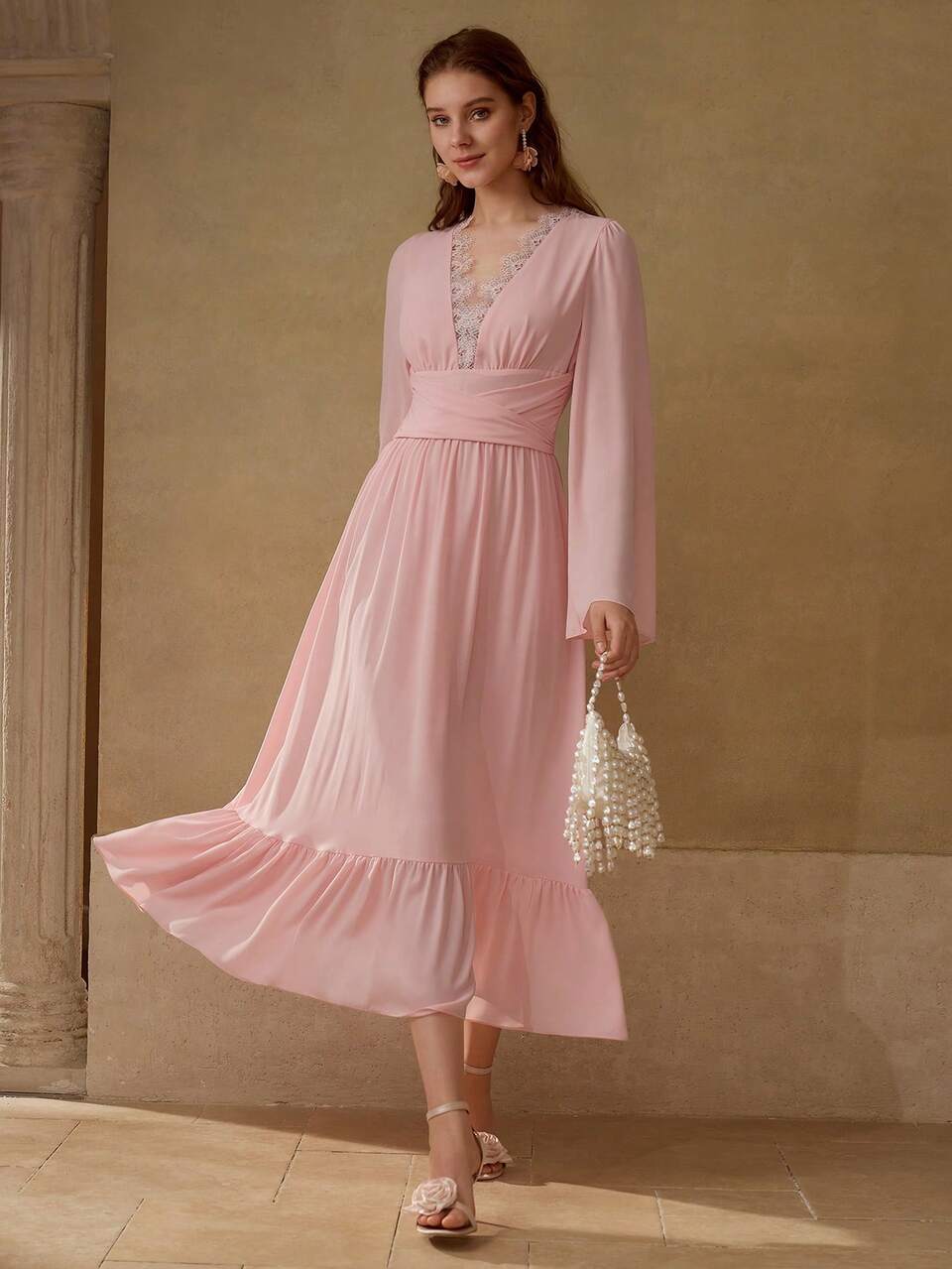 CONTRAST LACE RUFFLE HEM DRESS
