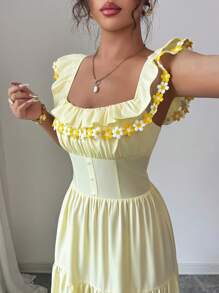 Elenzga 女士露肩花卉刺绣设计腰部收褶 A 字形连衣裙，优雅适合日常通勤 - 黃色 - 查看 6