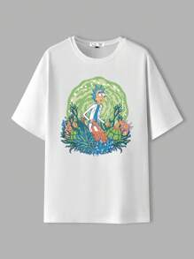 Rick and Morty X SHEIN Men's Flower & Figure Graphic Round Neck Short Sleeve T-Shirt