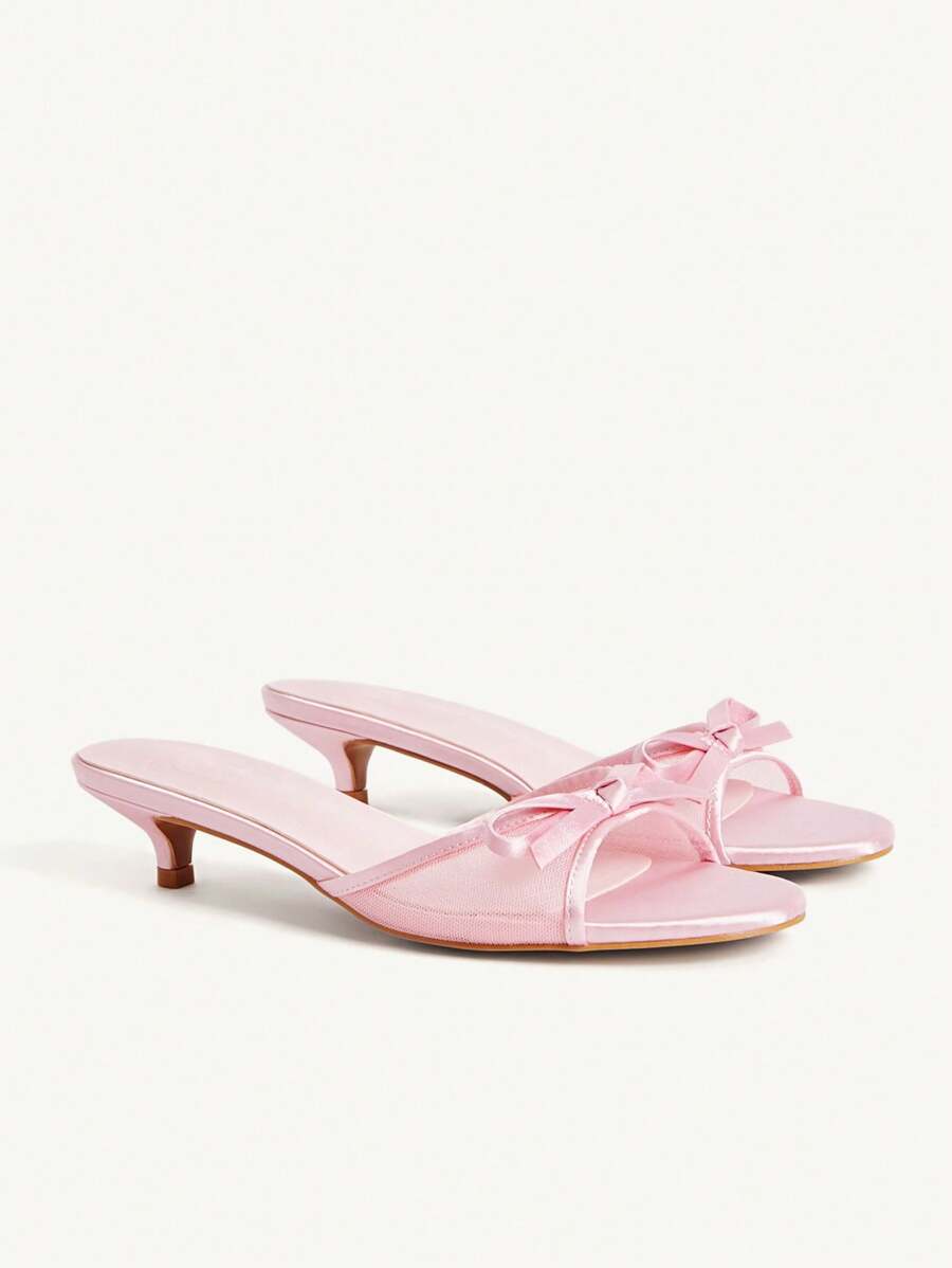 CUCCOO CHICEST Giày cao gót thấp mũi tròn thắt nơ thanh lịch cho nữ, giày cao gót lưới và vải satin màu hồng lãng mạn, thích hợp cho tiệc trà chiều, hẹn hò, đi nghỉ - Hồng - Xem 1