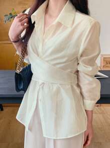 DAZY Women's Elegant Criss-Cross Tie Front Blouse Long Sleeve Top - White - View 4