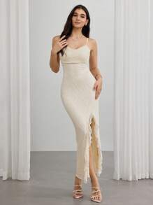 Modelyn Women Elegant Solid Color Lace Slit Camisole Dress - Apricot - View 2