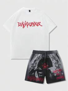 ROMWE MEN Street Life 2pcs Men Gothic Portrait, Star, Pentagram Printed Short Sleeve T-Shirt And Sport Shorts, Halloween - Multicolor - View 2