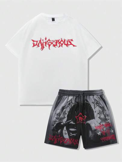 Street Life 2pcs Men Gothic Portrait, Star, Pentagram Printed Short Sleeve T-Shirt And Sport Shorts