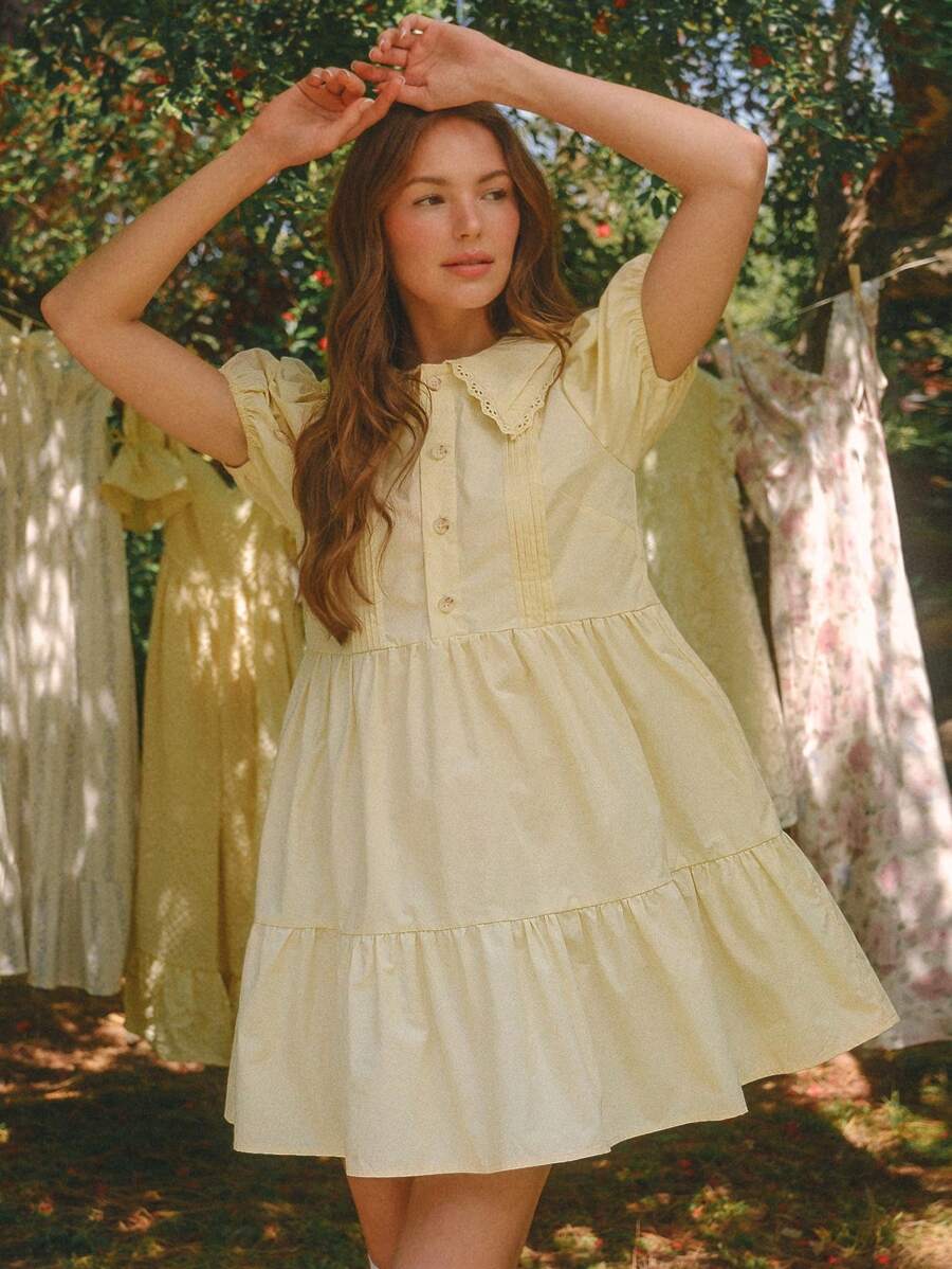 WESTFADE Butter Yellow 100% Cotton Poplin & Floral Lace Collared Pintuck Button Front Short Puff Sleeve Pleated Babydoll Mini Dress - Yellow - View 1