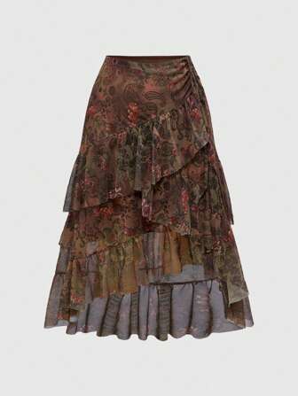 Hippie Boho Paisley Print Ruffle Hem Layered Women Skirt