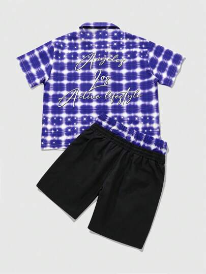 Street Life Men's Street Life Shirt And Shorts Set, American Style Rhinestone Graphic Plaid Shirt