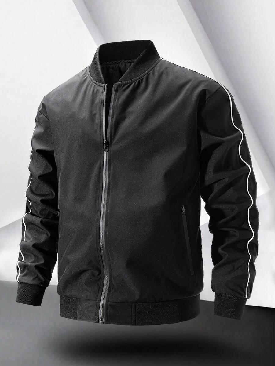 Manfinity Homme 男士拉链夹克，前拉链，拉链口袋，棒球服夹克，秋季款 - 黑色 - 查看 1