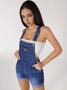 SHEIN ICON 女式卷边无袖双排扣休闲牛仔连体裤 - 深色水洗藍 - 查看 1