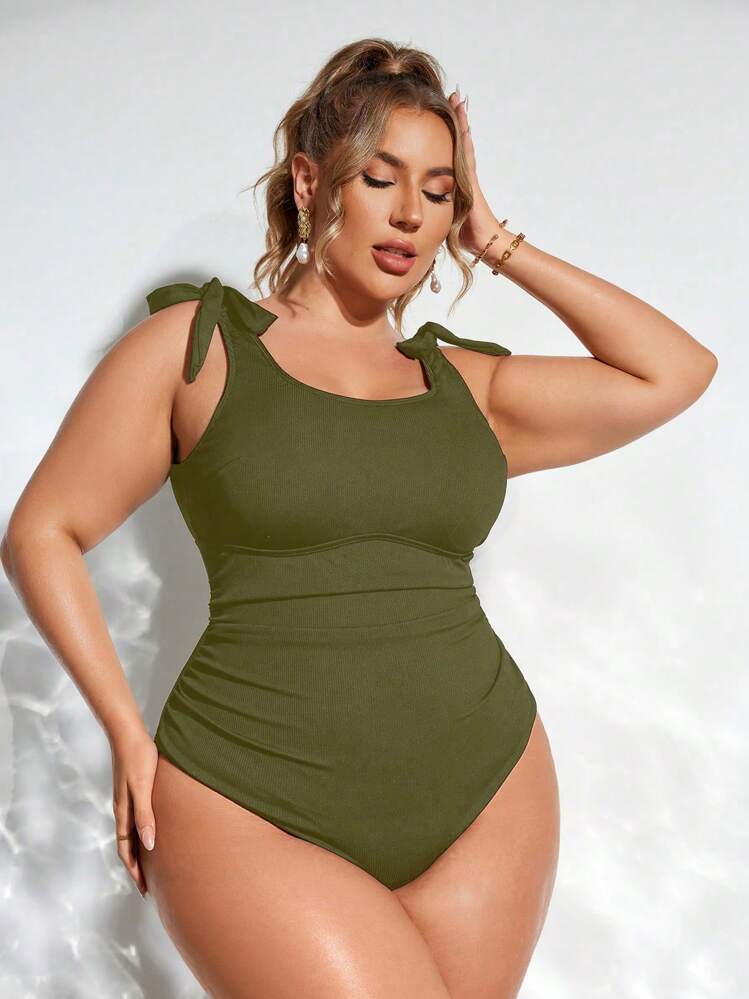 Swim Vcay Plus Size Solid Color Twist Ruched Backless One-Piece Swimsuit For Summer Beach Vacation - Army Green - View 4