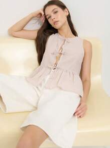 Nöista Blue And White Stripe Summer Elegant Unique Vacation Light Beige Sleeveless Blouse,Checkered Texture Three Front Tie Closures Cotton Loose Flared Hem - Brown - View 6