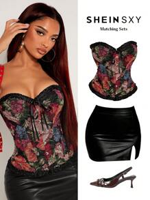 SHEIN SXY 2025年热销油画花卉蝴蝶结上衣，古典宫廷风格抽绳束身衣