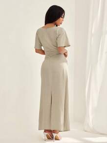 SHEIN PETITE 女式夏季纯色亚麻混纺休闲优雅连衣裙，