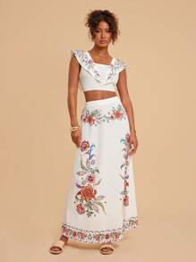 Travachic 2pcs/Set Women Floral Print Square Neck Top And Mini Skirt,Vacation,Vacation Style,Vacation Outfits Woman,Two Pieces Set Women,Beachwear,Spring And Summer,Easter,Holiday Outfits,Beach Outfits For Woman,Spring Break,Vacation Outfits Women,Concert Outfit Women,BOHO,Bohemia,Music Festival