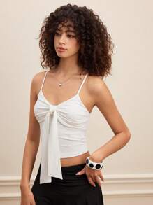 SHEIN MOD White Front Ruched Tie-Up Minimalist Cute Tank Top - White - View 6