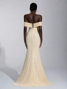 Elitara 优雅、浪漫、端庄、简约、卡其色、串珠面料、露肩、露肩、收腰、鱼尾下摆、拖尾、时尚、网红最爱、节日、度假、生日派对、婚礼、正式晚礼服