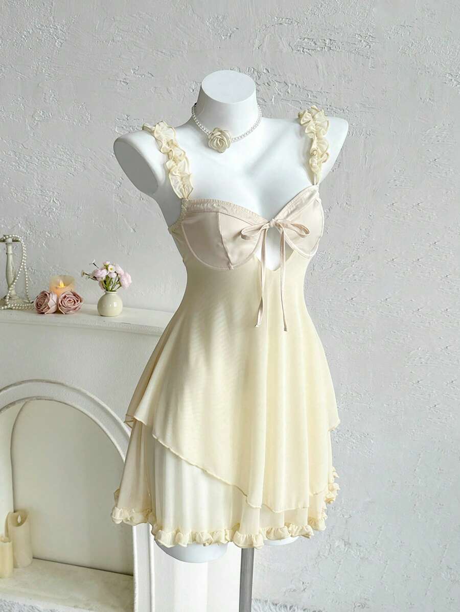 Sweetina Váy ngắn lưới mỏng viền ren màu be cho nữ, kỳ nghỉ hè thường ngày - Màu be - Xem 1