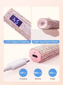 Teckwe 1件 USB 鑽石鑲嵌手持式充電 LED 美甲燈，附 LCD 螢幕，便攜式美甲烘乾燈，白色鑽石造型裝飾，適用凝膠指甲油，8顆高效 LED 燈珠，5倍放大鏡，快速高效美甲固化 - 粉色 - 查看 5