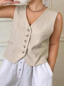 Dazy Plus Solid Color V-Neck Sleeveless Fitted Cropped Vest Jacket - Apricot - View 9