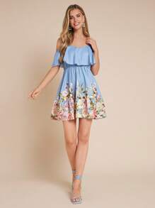 SHEIN Amorya 女士新款时尚优雅度假露肩带收腰高端定位印花迷你连衣裙，适合各种场合 - 彩色 - 查看 6
