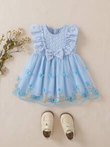 Souflis Souflis Gaun Bayi Perempuan Kontras Mesh Ruffle Bow Depan Butterfly - Biru - View 9