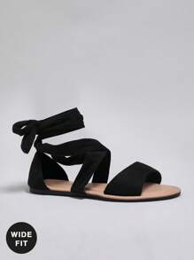 SHUZIA Women's Wide-Fit Lace-Up Ankle Strap Flat Sandals - Black - View 3